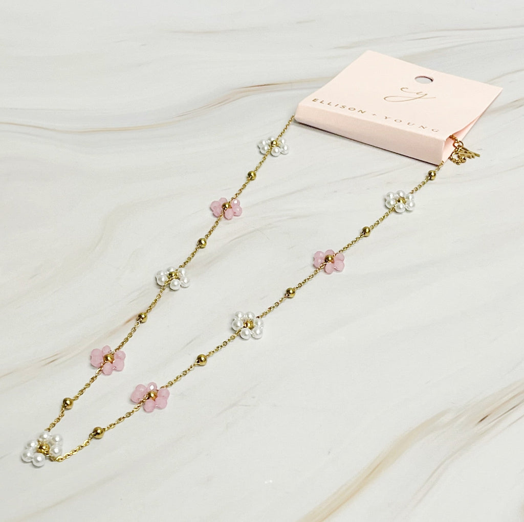 Halskette mit Perlen- und Glasblumen