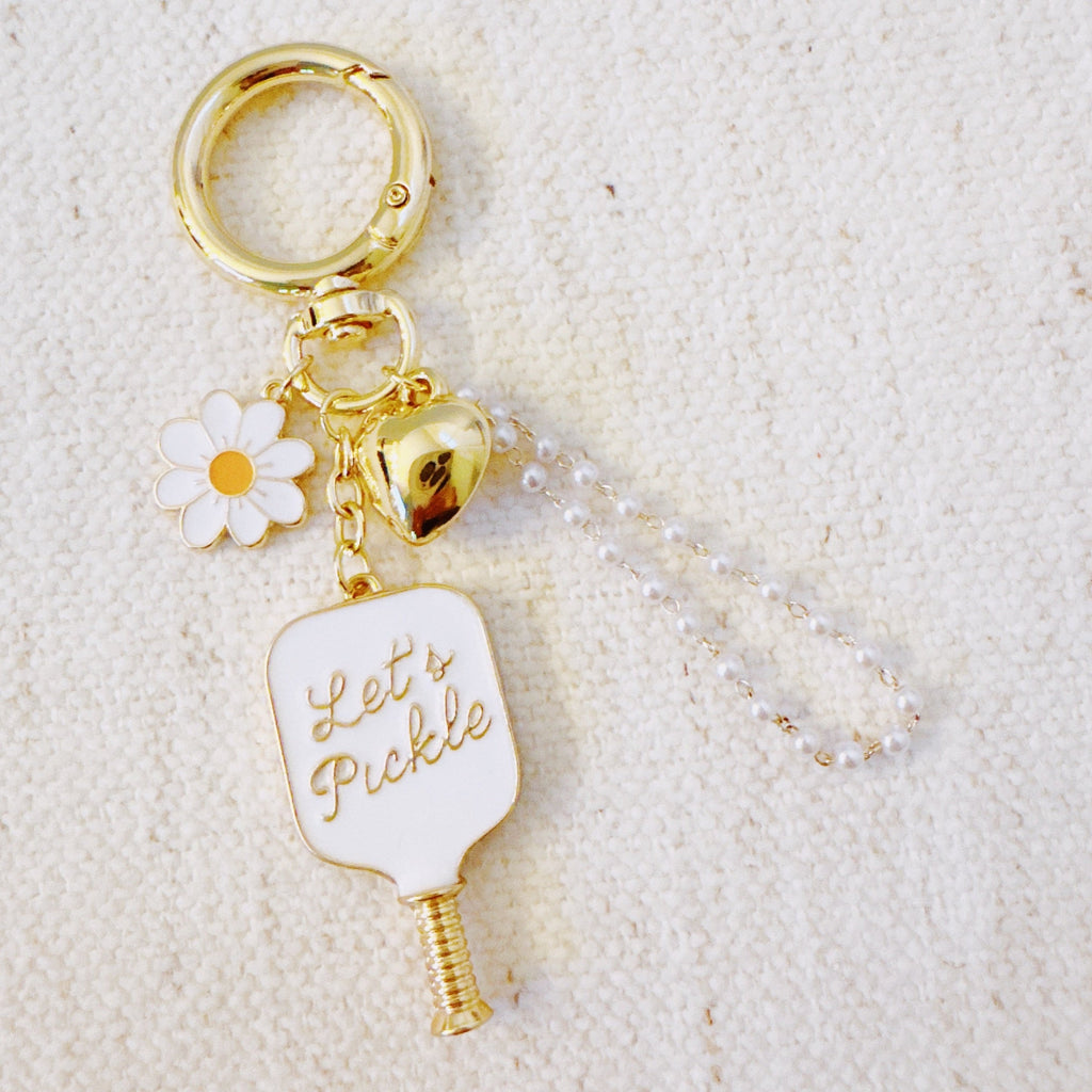 Pickleball Daisy Bag Charm – Sporty Floral Accessory with Paddle and Daisy Charms